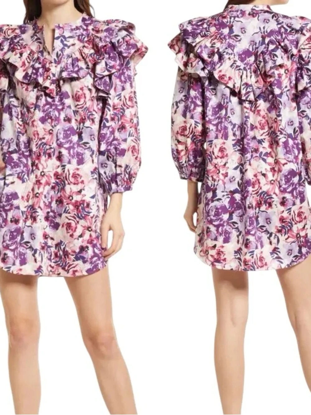 Something Navy Floral Ruffle Shift Dress in Purple and Pink